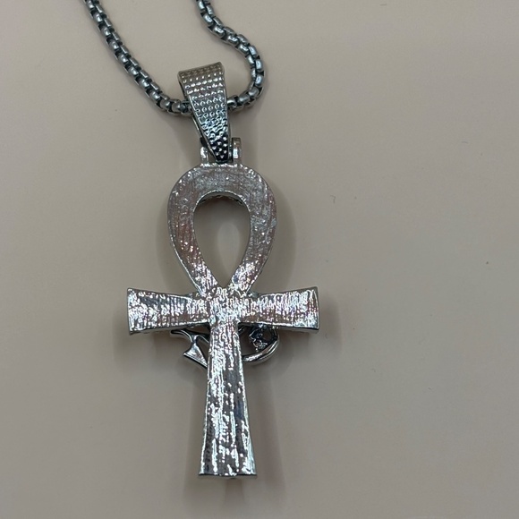 Silver tone 3A CZ iced out Ankh pendant religious piece free chain included - Picture 3 of 4